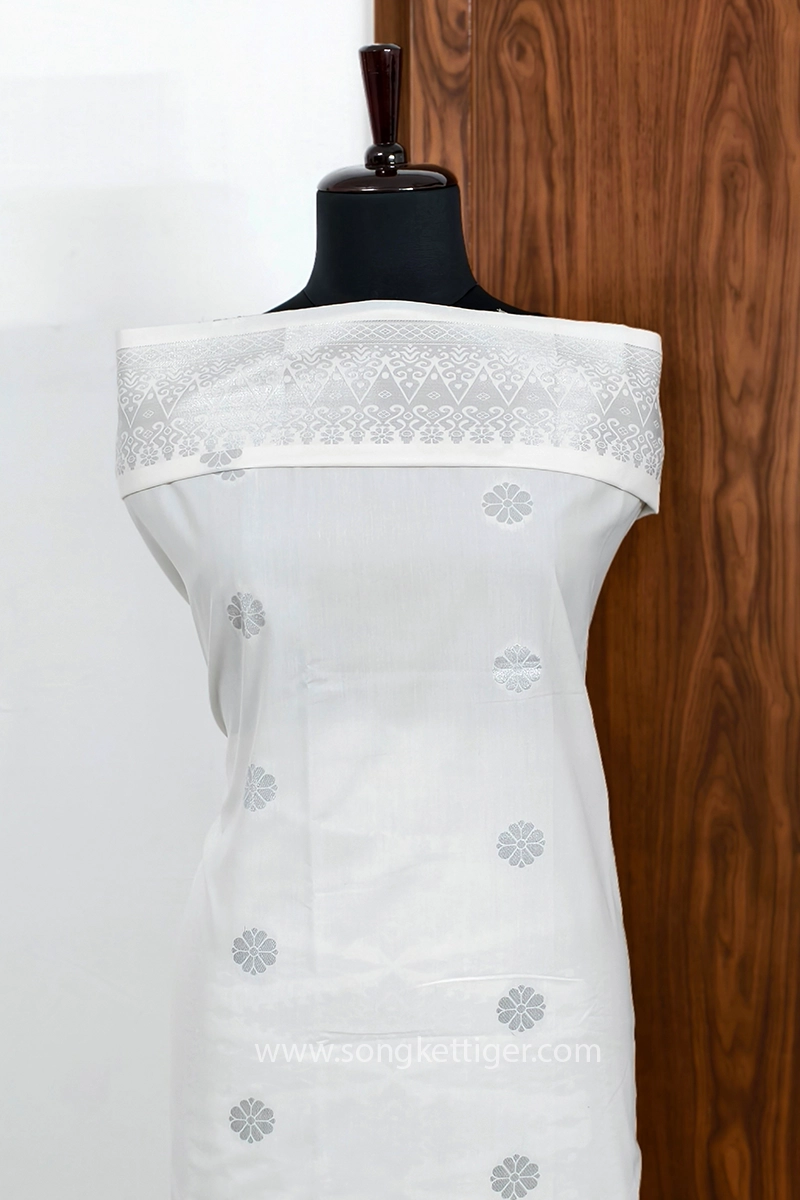 Songket Tenunan Bunga Tabur White Silver